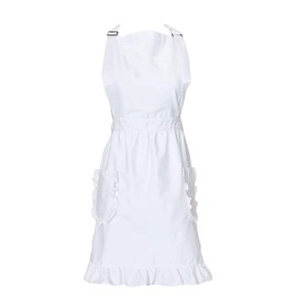 ModParty Apron for Women Ruffle Trim with Pockets Adjustable Straps Retro Kitchen Apron for Baking & Cooking (White)