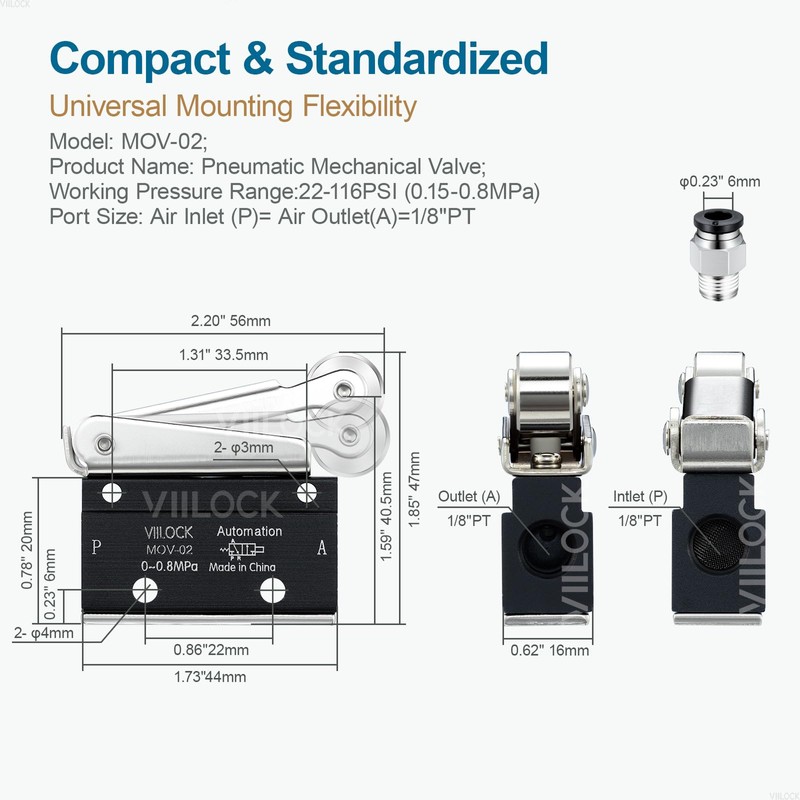 VIILOCK Pneumatic Mechanical Valve, 2 Position 2 Way 1/8”PT Roller