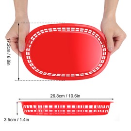 KUKLIPJIM 60 Pack Fast Food Baskets, 10.6 x6. 7 Inch Versatile Red Plastic Food Baskets, Food Service Tray for Burgers, Fries, Sandwiches, Hot Dogs, Barbecues, Picnics, Parties, Durable and Safe
