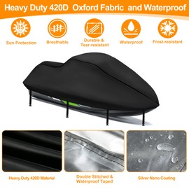 3 Seater Waterproof Jet Ski Covers, Upgraded 420D Heavy Duty Nano Coating PWC Cover,2 Air Vent Marine Grade UV Resistant for Seadoo,Kawasaki,Waverunner Polaris from 116" to 125"(Black)