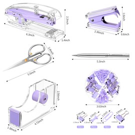 Office Supplies Set Desk Accessory Kit, Acrylic Stapler Set Staple Remover, Tape Dispenser, Binder Clips, Paper Clips, Ballpoint Pen and Scissor with 1000 Pieces 26/6 Staples (Purple)