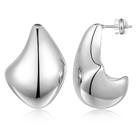 KissYan Gold Earrings for Women, 14K Gold Plated Chunky Dome Hoops Lightweight Teardrop Earrings Irregular Shape Hollow Open Hoops Earrings Fashion Jewelry Gifts(Style2-Silver)