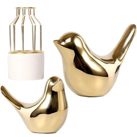 Golden Bird Figurines, 2 Pack Ceramic Bird Statue Decor, Home Decor Modern Style Gold Decorative Ornaments for Living Room, Bedroom, Office Desktop, Cabinets, Office