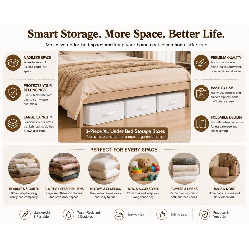 3 Pcs Foldable Storage Boxes for Clothes, Underbed Storage Organizer