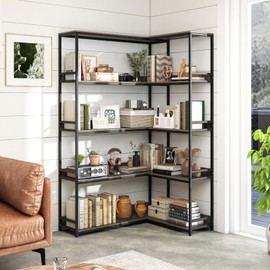 Tangkula Large Corner Bookshelf, 90 Degrees 5-Tier Industrial Wood Open Corner Bookcase for Small Spaces, Heavy-Duty Metal Frame, 71”H L-Shaped Storage Display Rack for Living Room (Oak)
