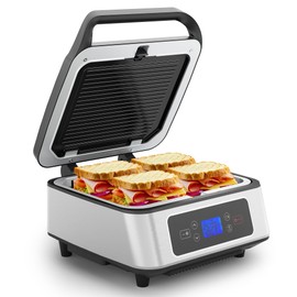 Sunvivi 1300W Smokeless Indoor Grill, Electric Panini Press Sandwich Maker with Auto-Lift, Fan, Independent Upper Heating, Smart Time & Temperature Control, Removable Non-Stick Plates