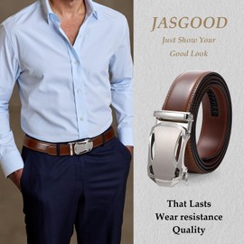 JASGOOD Mens Belt Ratchet Leather Belt Automatic Slide Belt for Men Dress Casual Belt with Adjustable Buckle(Brown-Siver)