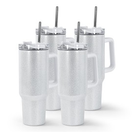 AGH 4 Pack 40 oz Sublimation Glitter White Tumblers with Stainless Steel Straw and Lid, Insulated Double Wall Vacuum Reusable Cups with handle, Travel Mug for Party,Home,Driving,Office