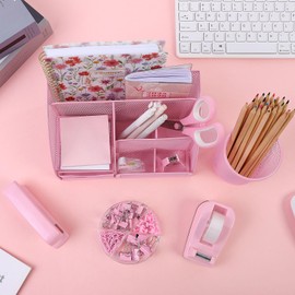 SKYDUE Pink Desk Accessories, Pink Office Supplies Set, Mesh Desk Organizer, Stapler, Tape Dispenser, Scissors, Binder/Paper Clips and 1000pcs Staples,Pink Desk Organizer for Women