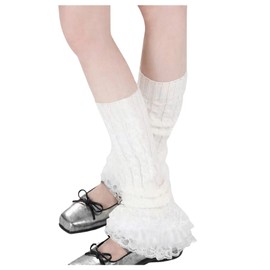 RoseSeek Women's 1 Pair Y2K Bow Front Lace Trim Leg Warmers Ribbed Knit Over Knee Pile Leg Warmers Long Socks Ivory white One-Size
