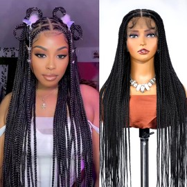 SUPERNOVA 36 Inch Knotless Box Braided Wigs With Baby Hair For Black Women Square Synthetic Hair 13x7 Lace Front Braided Wig And Half Back Double Lace Boho Braids Wig