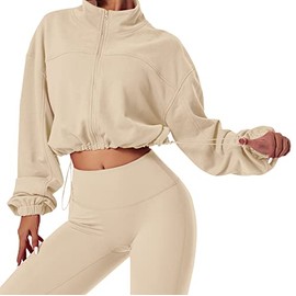 MISSACTIVER Women Casual Zip Up Stand Collar Crop Workout Sweatshirt Long Sleeve Drawstring Hem Cropped Sport Jackets Top Apricot