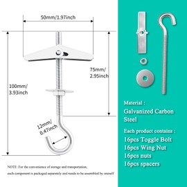Hook Toggle Heavy Duty 1/5 Inch Toggle Bolts Set - 16 Packs Swag Hooks for Hanging Plants, Ceiling Anchor Hooks & Drywall Ceiling Hook Bolts Kit with Screws, Wing Nuts & Washers