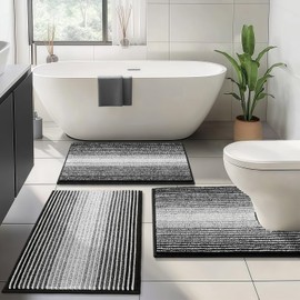 BSICPRO Bathroom Rugs Sets 3 Piece, Toilet Rugs U-Shaped Contour Bath Mat Set, Striped Absorbent Non Slip Chenille Shower Mats for Bathroom, Black