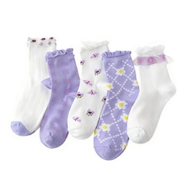 Violet Mist Ruffle Crew Socks for Women Girls Cute Frilly Lettuce Vintage Floral Patterned Calf Casual Cotton Sock Fun Novelty Fashion Butterfly Thin Dress Ankle Socks 5 Pack