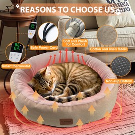 CLAYCLAY Heated Cat Bed,Round Heated Cat Bed for Indoor Cats, 20" Cozy Washable Heated Cat Bed with Timer & Temperature Adjustable,Non-Slip Bottom,Removable,Pet Heating Pad with Waterproof