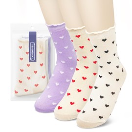 LAVIENTOES Women's Ruffle Turn-Cuff Frilly Cute Cozy Lovely Heart Patterned Aesthetic Turn-Cuff Novelty Cotton Soft Giftable Ankle Crew Casual Socks - White, Beige, Purple 3 Pairs