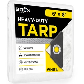 Heavy Duty Tarp Waterproof Cover | White, 6' x 8' 10 Mil Thick | Rip Proof Tarps | Thick Weave Material, UV Resistant Great for Tarpaulin Canopy Tent, Boat, RV or Pool Cover