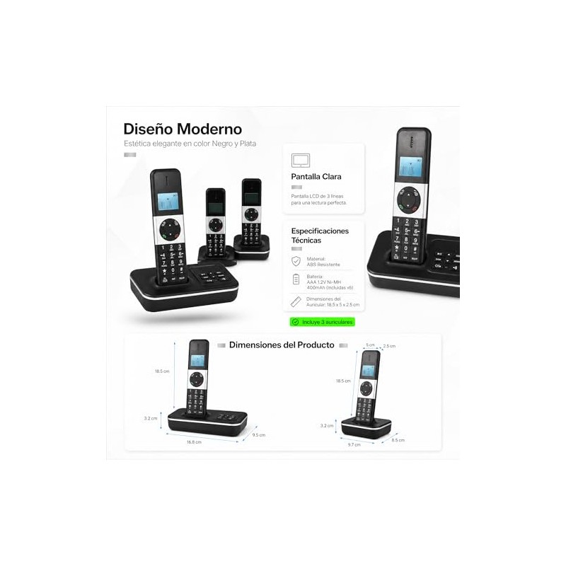 D1002 TAM-T Teléfono Inalámbrico de 3 Auriculares, con Contestador Automático