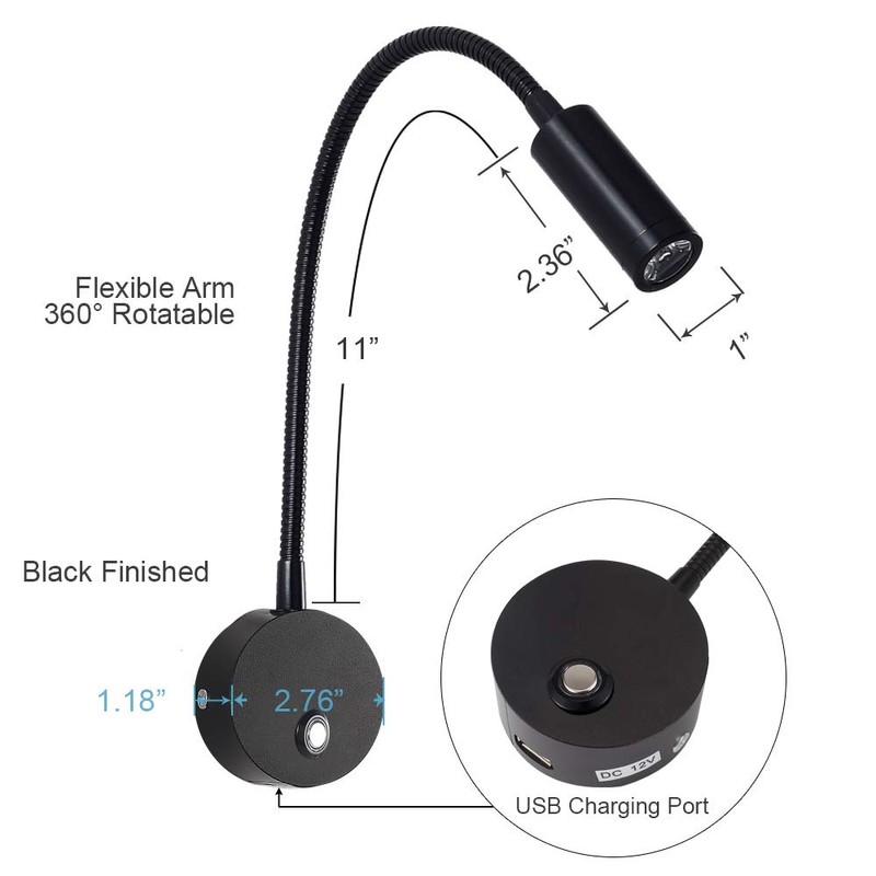 WisHomee Dimmable RV Reading Light with USB Charging Port, DC