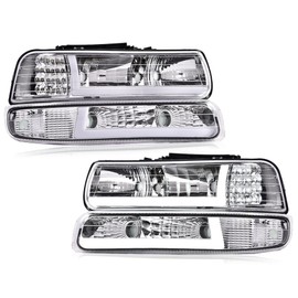 PIT66 LED DRL Headlight Assembly Compatible with 1999-2002 Chevy Silverado / 2000-2006 Tahoe Suburban Headlamp w/Bumper Lights Clear Lens Chrome Housing Clear Reflector