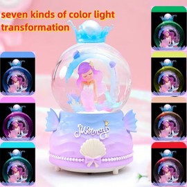 Snow Globes,Music Box Gifts for Girl,Mermaid Music Snowglobes with LED Lights,Automatic Snow Fall Effect,Decoration Glass Ball for Kids Room Birthday for 5-16 Year Old Girls(Style A)