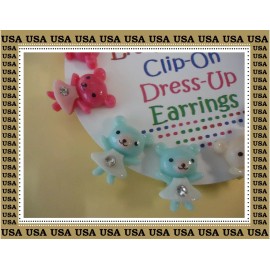 HandCrafted By "ME" Kids Dress Up Clip On Earrings Teddy Bears & Rhinestones 6 Pairs 6 Colors Gift