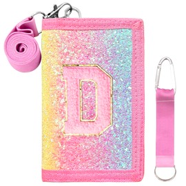 SiorVeol Girls Wallet for Kids Initial Glitter Wallets Trifold with Zipper and Card Slots Including Neck Lanyard and Hanging Strap, Vertical Rainbow, D