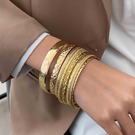 Aneneiceera Punk Layered Bangle Bracelet Set Gold Chunky Bangle Cuff Bracelet Metal Cuff Bangle Bracelets Multi Layer Textured Cuff Bracelet Chunky Hammered Jewelry for Women and Girls 10Pcs (Gold)