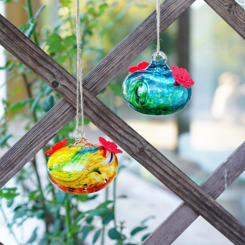 Pack 2 Blown Glass Hummingbird Feeders for Outdoors 3inch Small