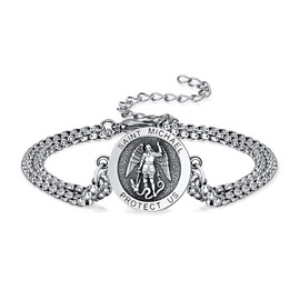 KINGWHYTE St Michael 925 Sterling Silver Adjustable Medal Bracelet Religious Protection Jewellery Birthday Gifts for Men Women with Gift Box