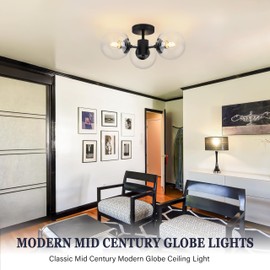 Bagood Mid Century 3-Light Clear Globe Glass Black Chandelier 19 Inch Modern Black Semi Flush Mount Ceiling Lights Modern Light Fixtures Ceiling Lights Fixture for Bedroom Hallway Entryway