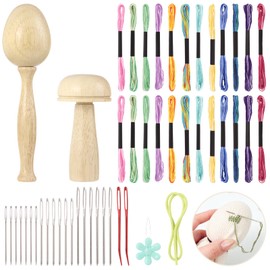 50 PCS Darning Egg Darning Mushroom Set for Socks Wooden Darning Egg and Mushroom Kit Sewing Tool Repair Darning Supplies Kit with Large Eye Blunt Needles, 12 Color Sewing Threads