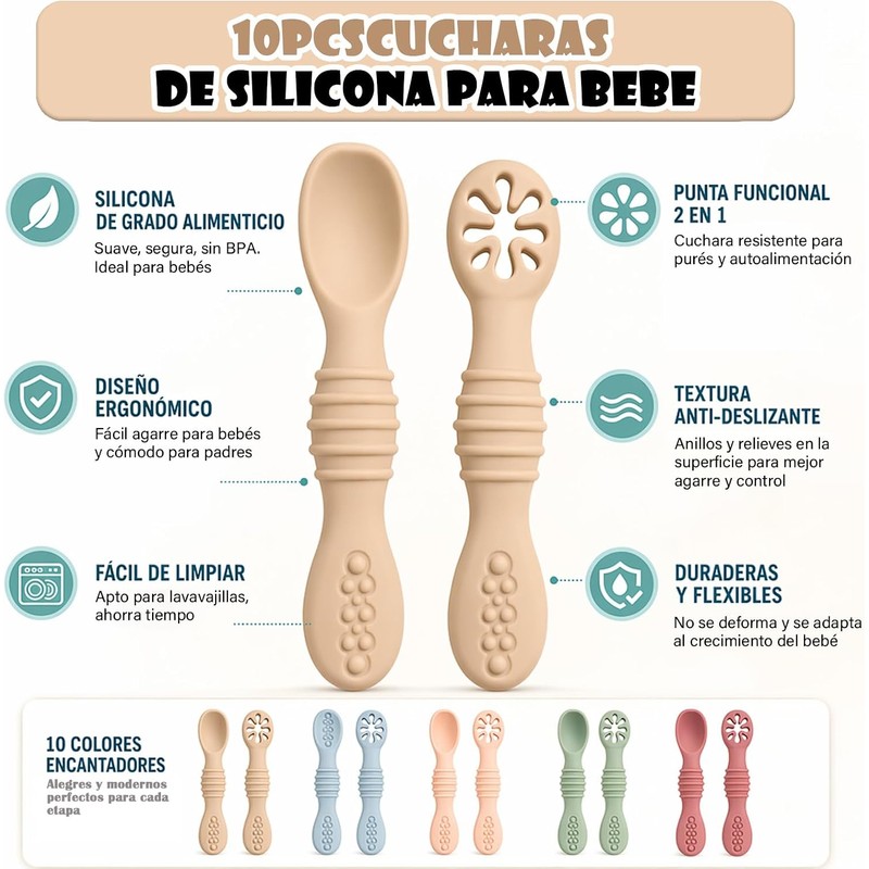 10PCS Juego Cucharas Masticables de Silicona,cucharas masticables de silicona arcoíris,con
