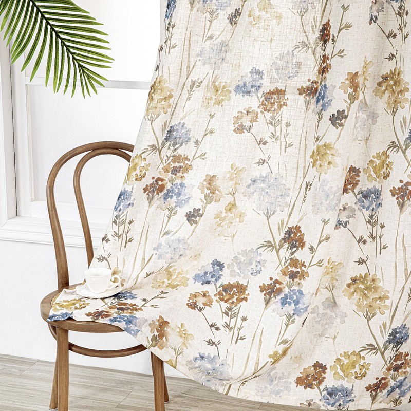 MYSKY HOME Linen Curtains for Living Room Floral Patterned Semi