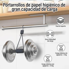 GALASALA Porta Rollos Papel de Cocina 2Pcs, Porta Rollos Papel de Baño de Acero Inoxidable 304, con 4 Ganchos, para Pegar o Taladrar, Dos en uno, Fácil de Instalar (Plata)