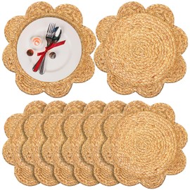 XEQWZVFR 8Pcs Round Woven Placemats 13.8" Rattan Placemats Natural Straw Hand Woven Farmhouse Place Mats Scalloped Edge Boho Braided Heat Wicker Table Mats for Dining Table Kitchen Home Wedding