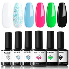 Modelones Gel Nail Polish Set, 6 Colors Summer Neon Hot Pink Gel Nail Polish Baby Blue Black White Bright Gel Polish Kit, Soak Off LED Manicure Gel DIY Home Salon Gifts for Mom Women