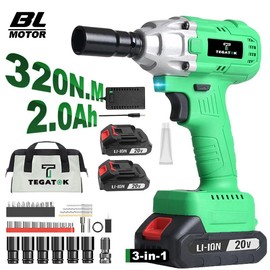 Tegatok 20V Cordless 1/2-Inch Impact Wrench, 320 Nm Torque, Brushless Motor with Battery,Charger and Sockets ,3-in-1 Automotive Home Impact Wrench - Specification: BIG BATTERY 2*4000mAh Battery+Accessories