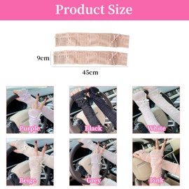 Women Arm Sunscreen Sleeves,1 Pair Summer Solid Bow Pearl UV Sun Protection Arm Sleeve,Long Ice Silk Sunblock Fingerless Gloves with Thumb Hole for Girls Outdoor Driving Running Cycling (Beige)