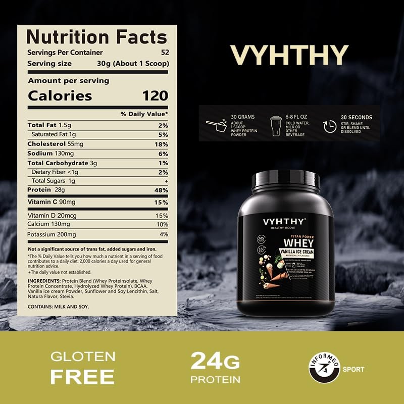 VYHTHY Vanilla ICE Cream Whey Protein Powder - 24g Protein