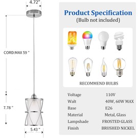 KLOSM Modern Mini Pendant Light in Brushed Nickel Finish with Frosted Glass Shade 1-Light Adjustable Cylinder Pendant Lighting Fixture for Kitchen Island Sink Dining Room Counter Farmhouse 20cm