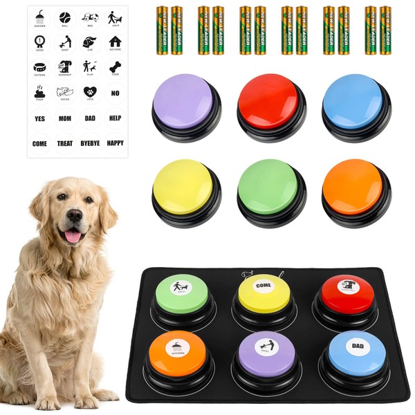 Pycoal Dog Buttons for Communication, 6pcs Dog Talking Button Set Talking Pet Buttons for Dogs 30s Recordable Pet Training Button with Waterproof Anti-Slip Mat and 24 Scene Stickers & 12 AAA Batteries