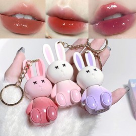 3Psc Rabbit Lip Gloss Keyring,Moisturising Sparkling Jelly Lip Gloss,Crystal Lip Tint Korean Chinese Makeup, Hydrating Sweet Lip Glaze Set,Cute Lipgloss Set For Girls