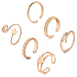 Mayhoop Toe Rings for Women Rosegold Adjustable Toe Rings Knuckle Rings Surgical Steel Heart Flower Star 6Pcs