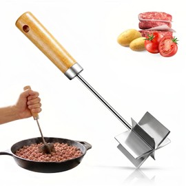 Stainless Steel Meat Chopper Masher - 6 Blade Hamburger Smasher Tool Heat Resistant, Ground Beef Chopper Potato Masher Tool with Wooden Handle, Multi-Use Kitchen Tool for Home Cooking