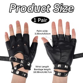 CALFOVERA PU Leather Outdoor Sports Fingerless Gloves Retro Punk Gothic Cosplay Half Finger Palm Gloves with Rivets Belt for Women Men Performance Driving Motorcycle Bicycle (Black)