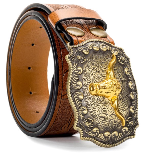 Western Cowboy-Belts for Men Women Big-Buckle Longhorn-Bull PU-Leather Rodeo Cowgirl-Belt