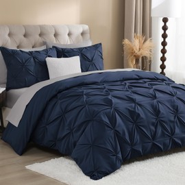 Litanika Navy Blue Pinch Pleat Duvet Cover King, 3 Pieces Pintuck Cover Soft Microfiber Bedding Set with Zipper Closure & Corner Ties(104x90Inch-1 Duvet Cover, 2 Pillowcases)