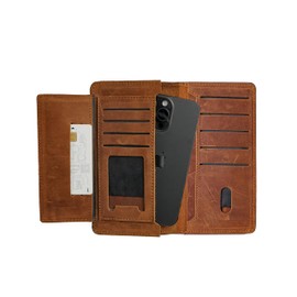 My Daniq Bifold Long Wallet, Crazy Horse Leather, Mobile Pocket, 10 Card Slots, 1 ID Slot, 1 Zip Pocket, 1 Cash Compartment, Light Brown. RR-162